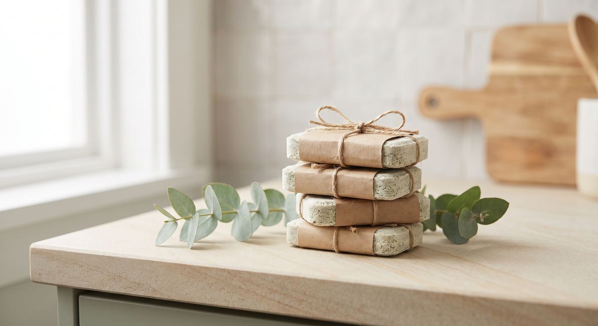 Tabletki do zmywarki z certyfikatem Ecolabel na kuchennym blacie